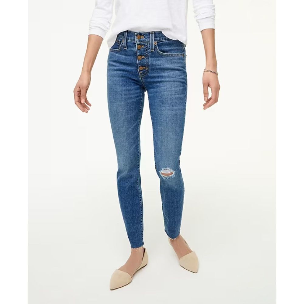 New! J. Crew Button Fly Raw Hem 9" Mid-Rise Skinny Signature Stretch Jeans, 24
